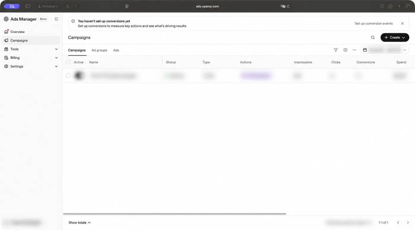 ChatGPT reklam kampanyasının OpenAI Ads Manager Campaigns tablosundaki yayın durumu ve metrikleri