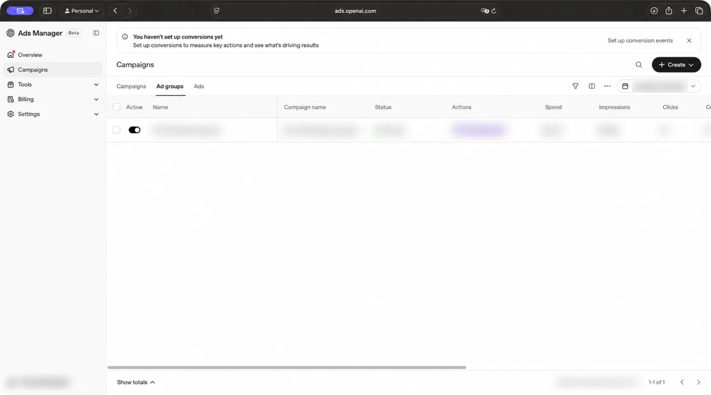 ChatGPT reklam yönetiminde Ad groups sekmesi ve reklam grubunun kampanya bağlantısı
